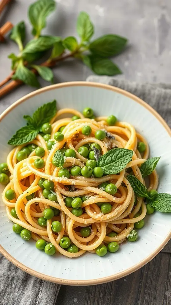 A bowl of Asparagus and Pea Pasta Salad with Mint, featuring green peas, asparagus, and fresh mint leaves.