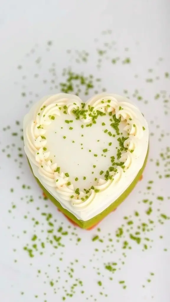 A heart-shaped matcha green tea cake with cream frosting and green tea sprinkles on top.