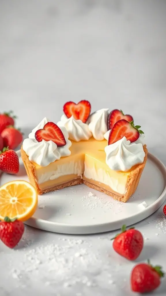 A Lemon Meringue Tart with heart-shaped strawberry garnishes on a plate.