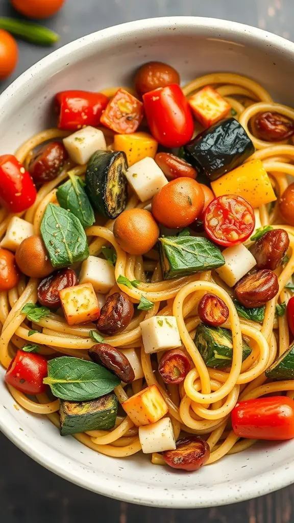 A bowl of pesto pasta salad with roasted vegetables, including cherry tomatoes, zucchini, and cheese.