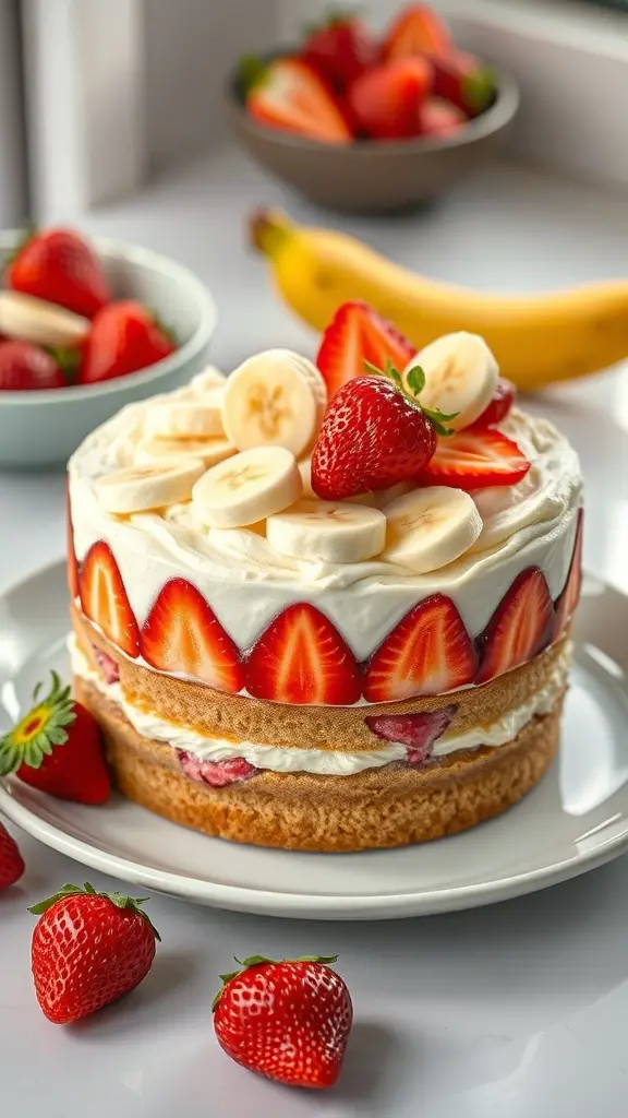 A delicious Strawberry Banana Poke Cake topped with fresh strawberries and banana slices.