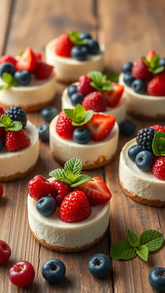Mini cheesecakes topped with strawberries, blueberries, and blackberries on a wooden table.