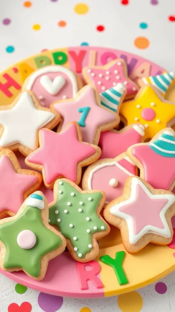 A plate of decorated sugar cookies in various shapes and colors, perfect for a birthday celebration.