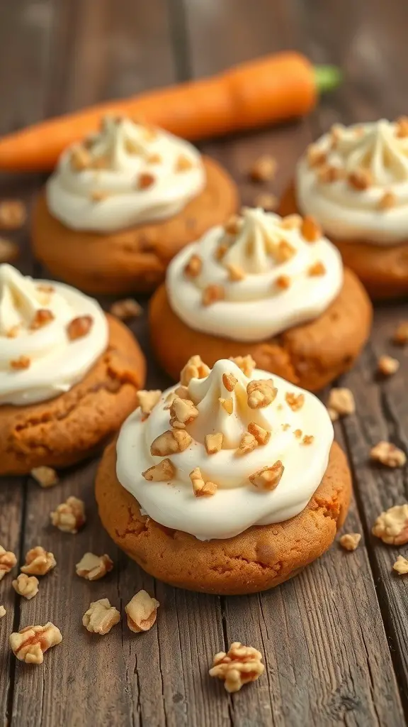 Carrot cake cookies topped with cream cheese frosting and walnuts, with a carrot in the background.