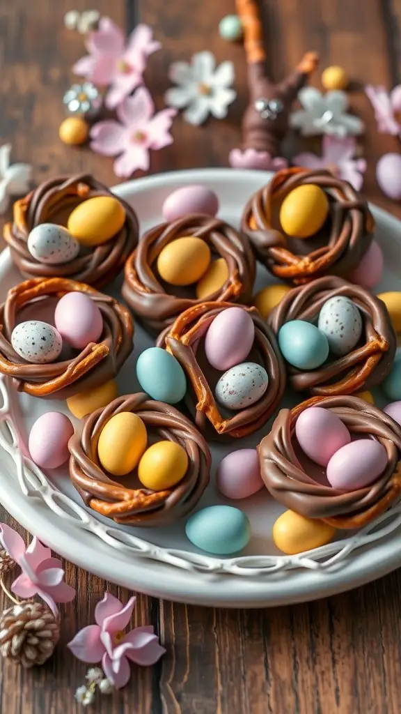 A plate of chocolate-covered pretzel nests filled with colorful candy eggs, surrounded by flowers and decorative elements.
