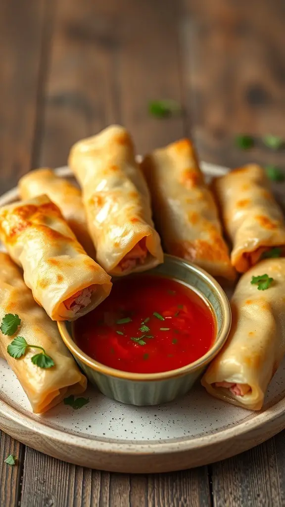 A plate of corned beef and cabbage spring rolls served with a dipping sauce.