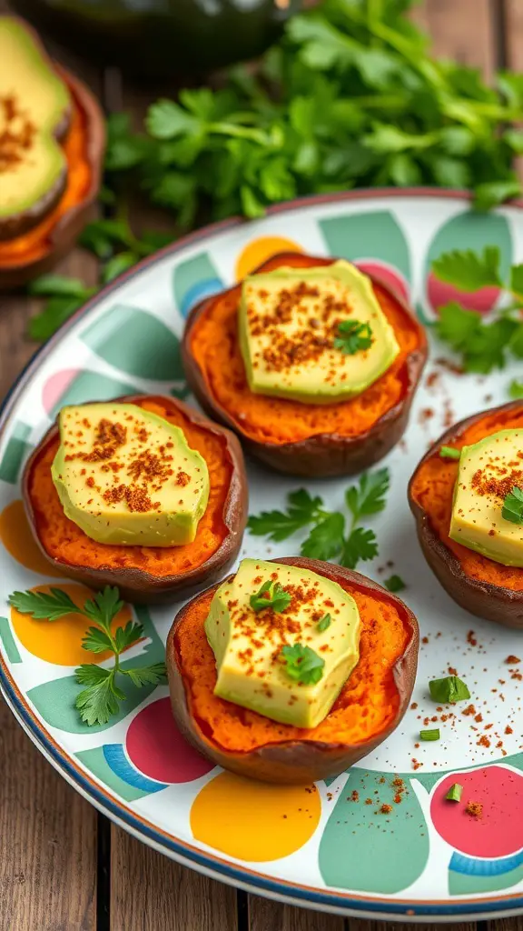 Sweet potato bites topped with avocado on a colorful plate