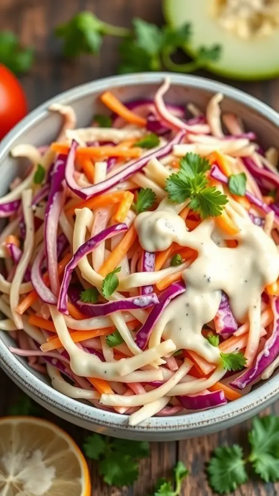 A bowl of colorful coleslaw with shredded cabbage, carrots, and creamy dressing, garnished with cilantro.