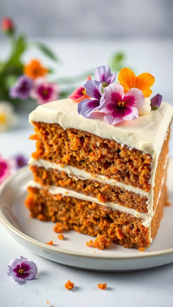A slice of carrot cake with cream cheese frosting topped with colorful edible flowers.