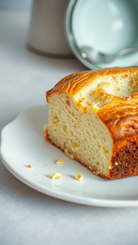 Slice of vanilla bean pound cake on a white plate