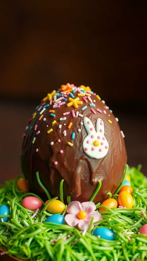 A chocolate Easter egg cake decorated with sprinkles and surrounded by colorful candy eggs on green frosting.