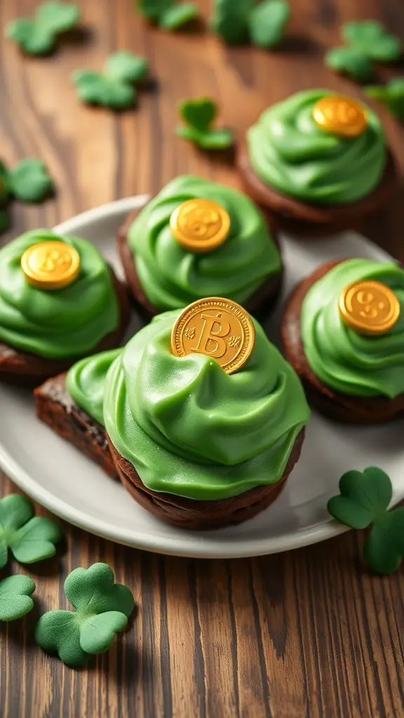 Leprechaun Hat Brownies with green frosting and gold coins on a wooden table