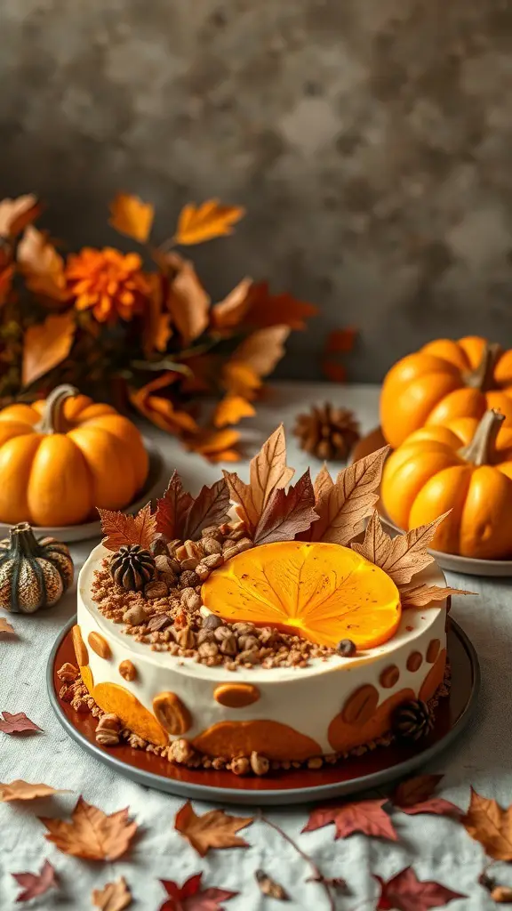 A beautifully decorated pumpkin spice cake surrounded by autumn leaves and pumpkins.