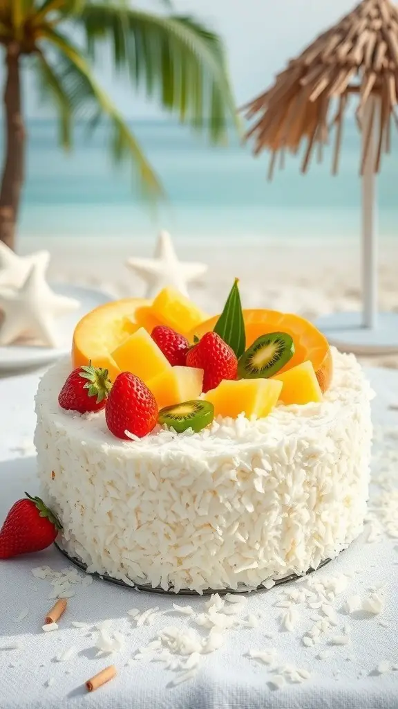 A tropical coconut cream cake topped with fresh fruits on a beach setting