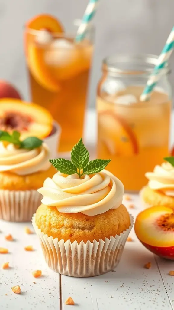Peach iced tea cupcakes with peach slices and iced tea drinks in the background