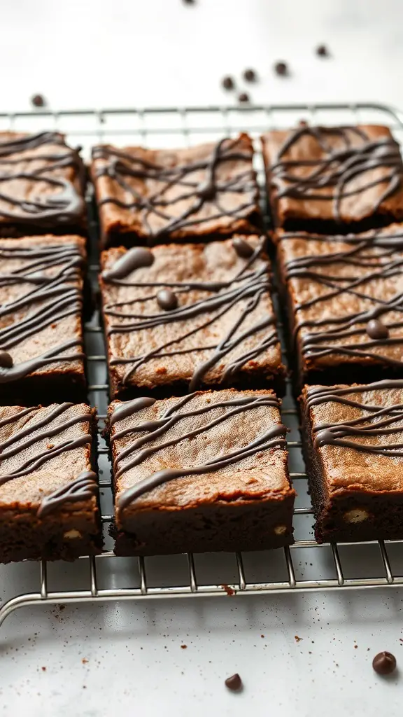 A tray of homemade fudge brownies drizzled with chocolate.