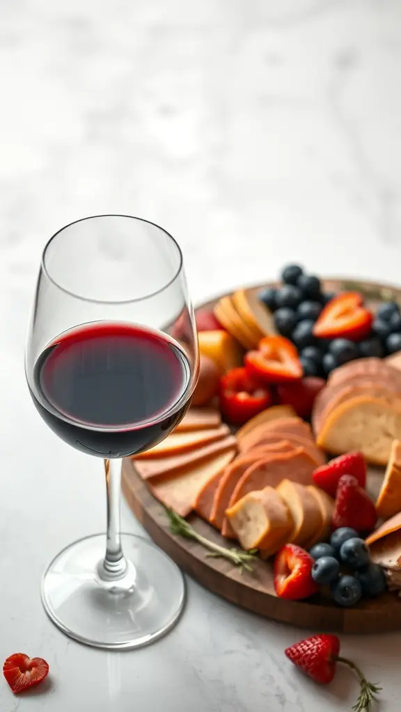 A glass of red wine next to a heart-shaped charcuterie board with various cheeses and fruits.