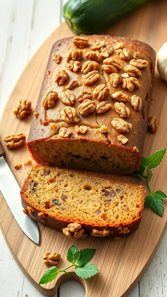 A loaf of zucchini bread cake topped with walnuts, sliced on a wooden board with a knife and fresh zucchini in the background.