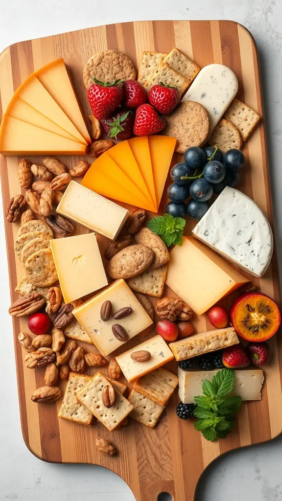 A beautifully arranged cheese board featuring various cheeses, fruits, nuts, and crackers.