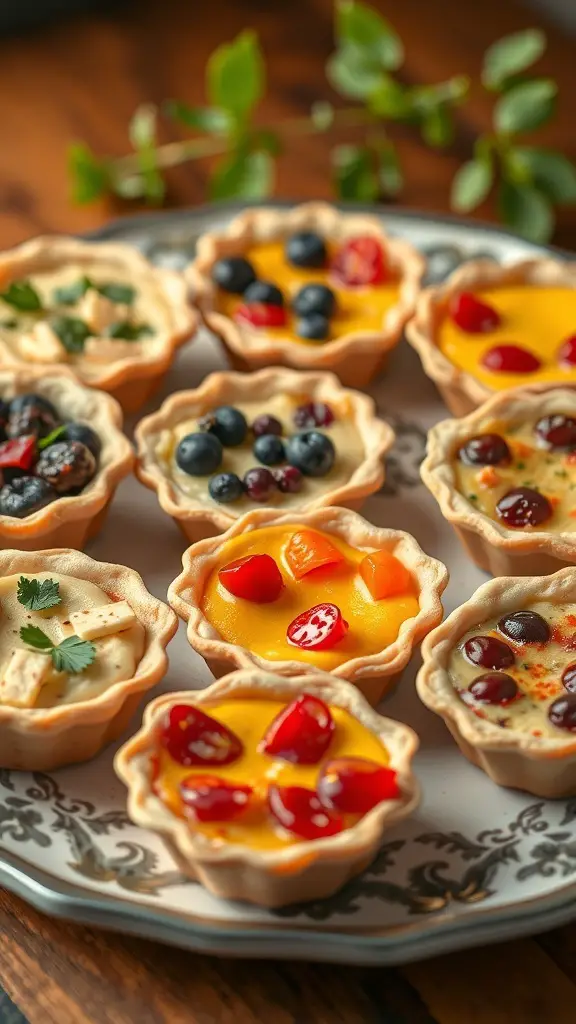 A platter of mini quiches with various fillings, including vegetables and fruits.