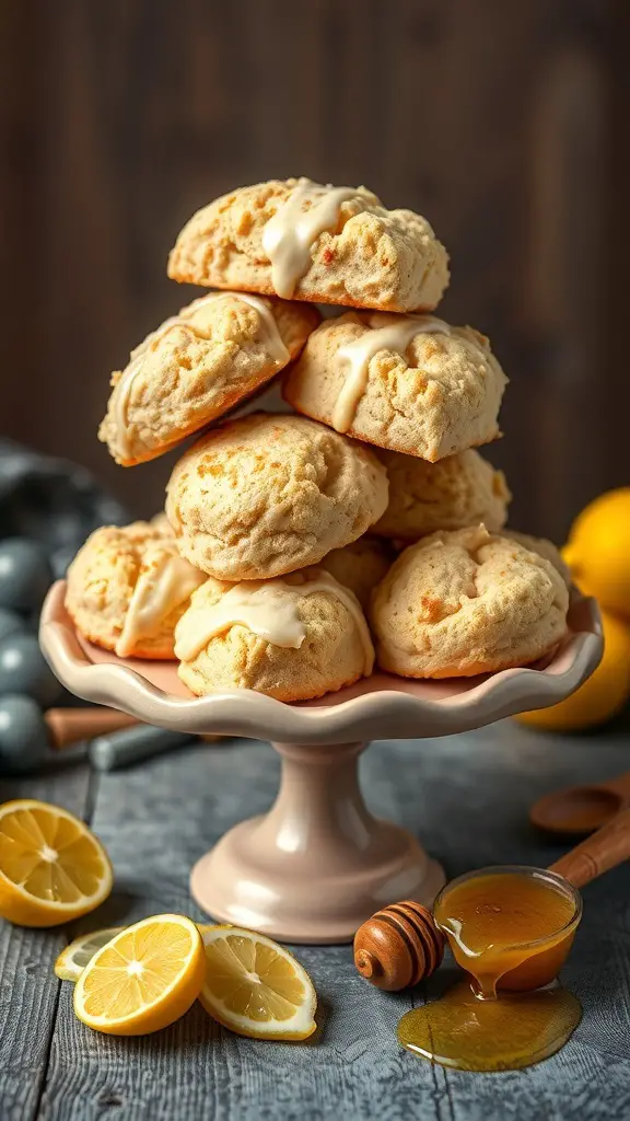 A stack of honey lemon scones on a cake stand, with fresh lemons and honey nearby.