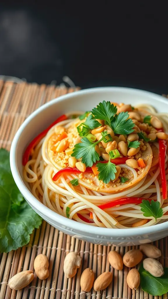 A bowl of Thai noodle salad with peanut dressing, garnished with herbs and peanuts.