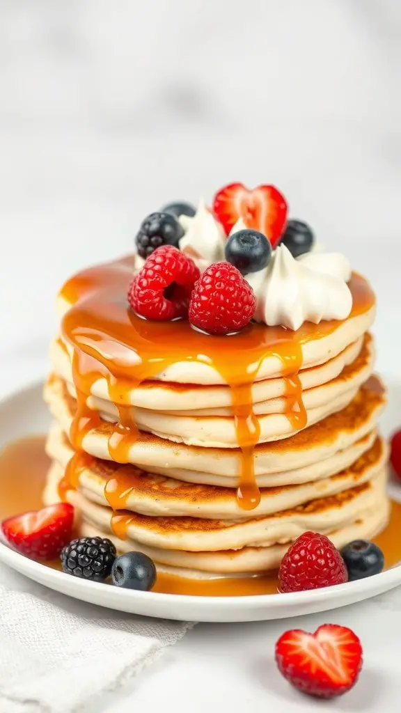 A stack of heart-shaped pancakes topped with syrup and fresh berries