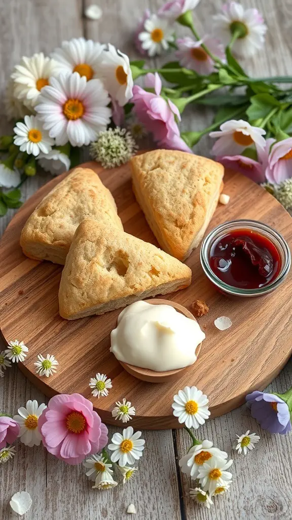 A wooden board with homemade scones, jam, and cream, surrounded by colorful flowers.