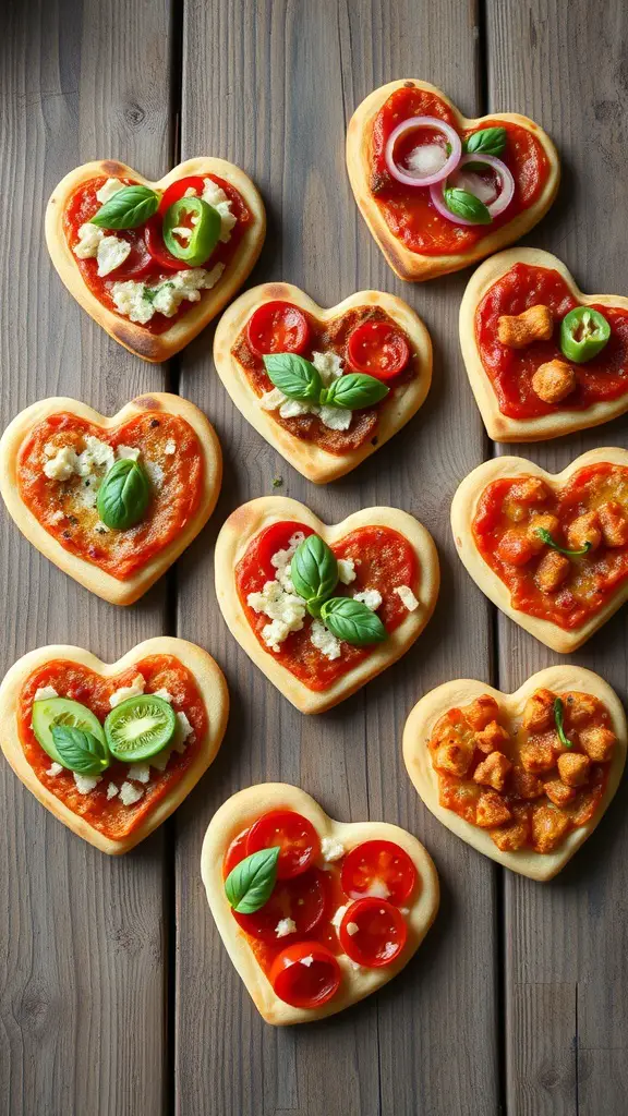A variety of mini heart-shaped pizzas with different toppings on a wooden table.