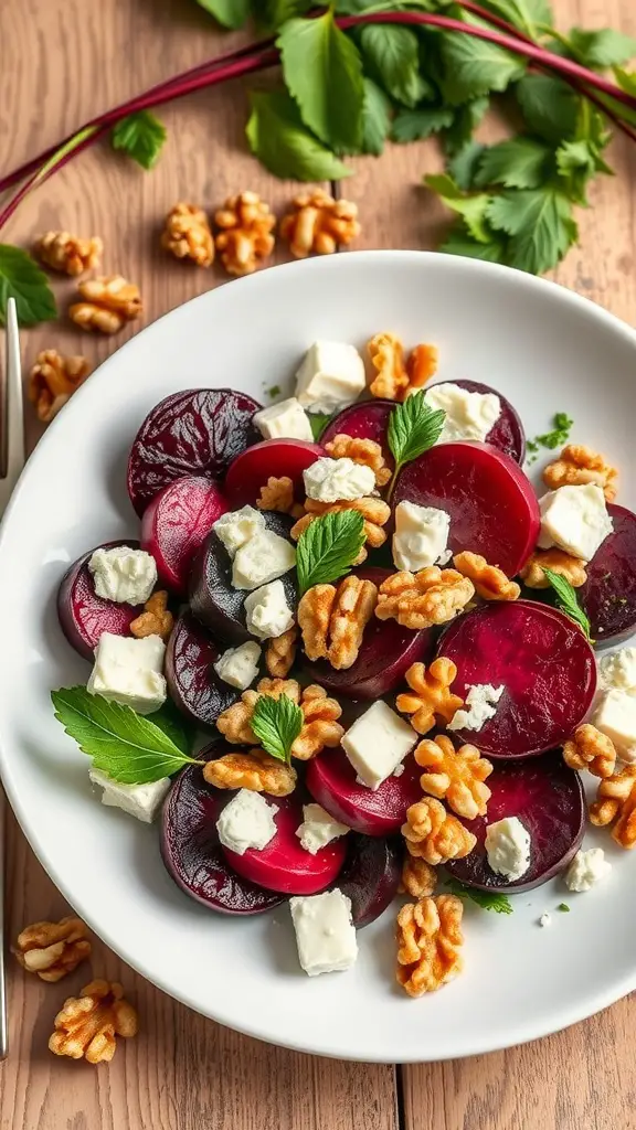 A vibrant roasted beet and goat cheese salad with walnuts and fresh herbs on a white plate.