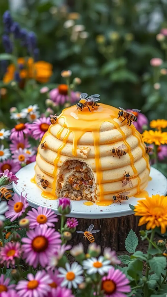 A beehive-shaped cake with honey drizzle, surrounded by colorful flowers and bees.