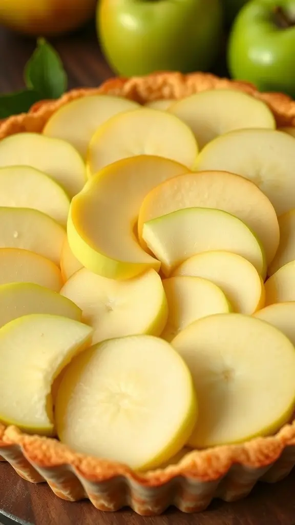A freshly baked green apple tart with slices of green apples arranged on top.