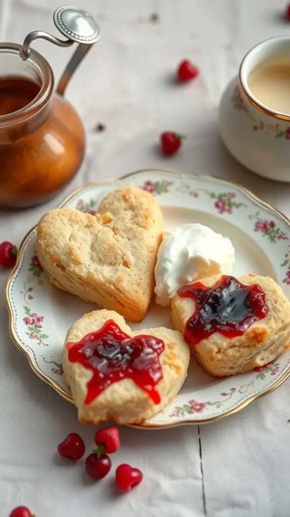 Plate of heart-shaped scones with jam and whipped cream