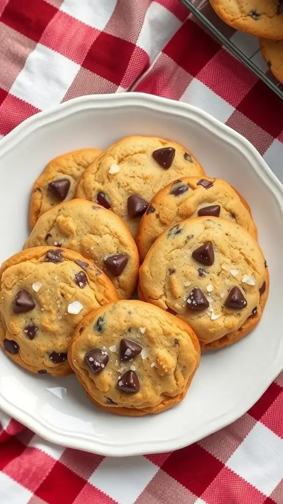 A plate of chocolate chip cookies with sea salt on a red and white checkered tablecloth.