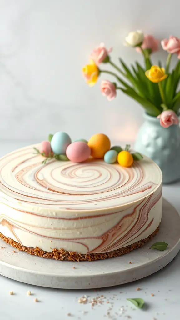 A beautifully decorated marble cheesecake with pastel Easter eggs and flowers.