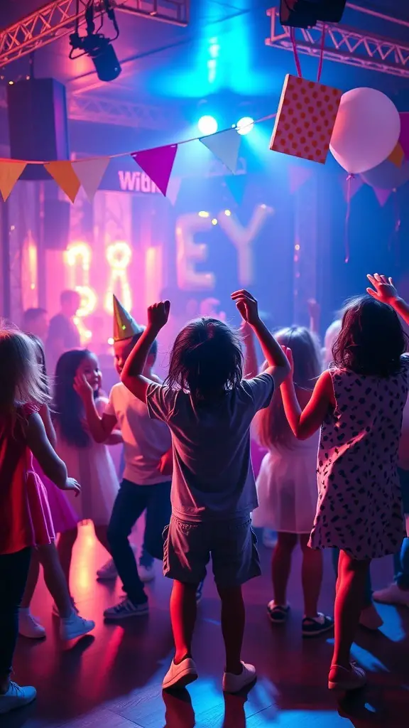 Children dancing at a Bluey birthday party with colorful decorations and lights.