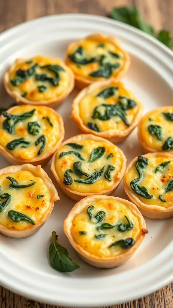 A plate of mini quiches filled with spinach and cheese.