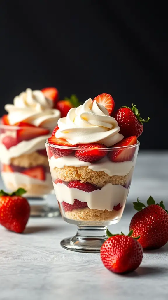 Two strawberry shortcake cups layered with cake, strawberries, and whipped cream.